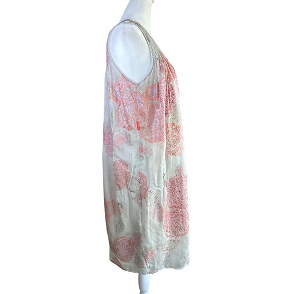 Catherine MaLendrino Size 8 Silk Dress Lined Smocked Shift Flow Boho Gray Coral - Picture 7 of 9